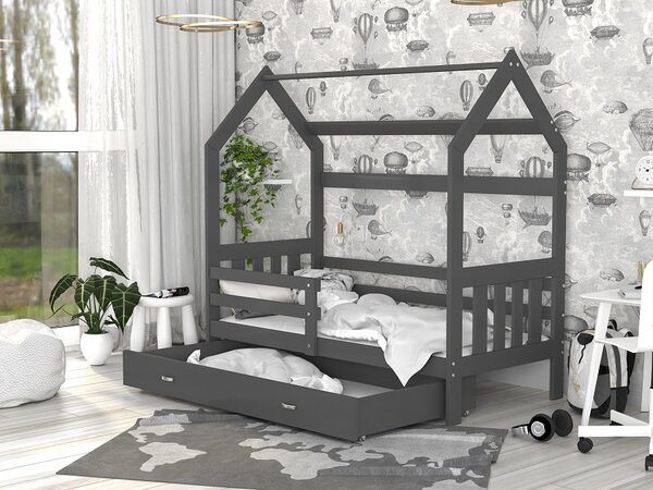 AJK Dětská postel DOMEK SE ZÁBRANOU - šedá Velikost spací plochy: 160x80, Matrace: ne