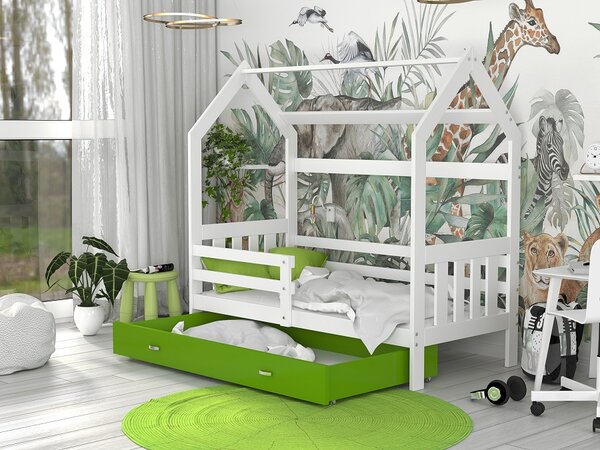 AJK Dětská postel DOMEK SE ZÁBRANOU - bílá/zelená Velikost spací plochy: 160x80, Matrace: ne