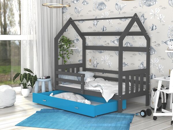 AJK Dětská postel DOMEK SE ZÁBRANOU - šedo/modrá Velikost spací plochy: 160x80, Matrace: ne