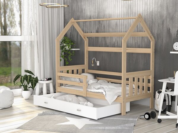 AJK Dětská postel DOMEK SE ZÁBRANOU - přírodní/bílá Velikost spací plochy: 160x80, Matrace: ne