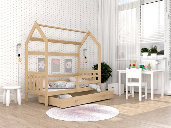 AJK Dětská postel DOMEK SE ZÁBRANOU - přírodní Velikost spací plochy: 160x80, Matrace: ne