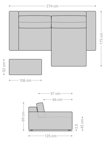 DELIFE Rohová pohovka Lanzo XL 270x180 cm mikrovlákno šedá variabilní lenoška s taburetem