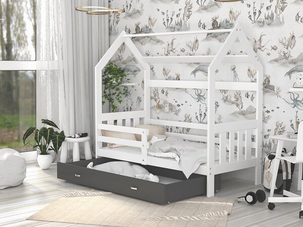 AJK Dětská postel DOMEK SE ZÁBRANOU - bílá/šedá Velikost spací plochy: 160x80, Matrace: ne