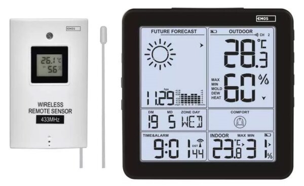 Bezdrátová meteostanice s budíkem 3xAA černá