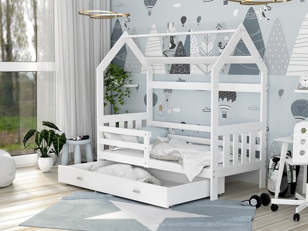 AJK Dětská postel DOMEK SE ZÁBRANOU - bílá Velikost spací plochy: 160x80, Matrace: ne