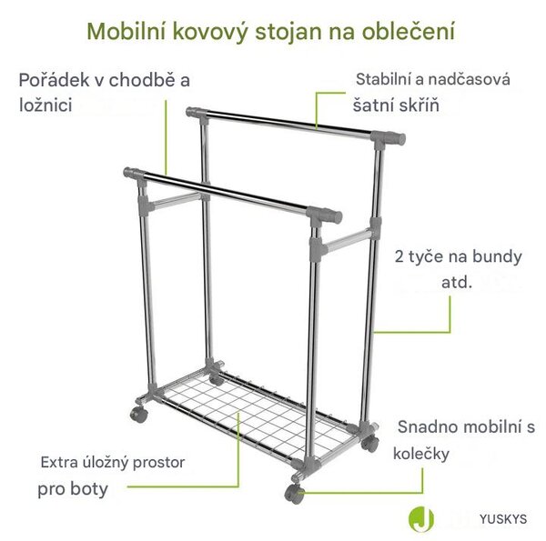 FurniGO Kovový stojan na oblečení s kolečky