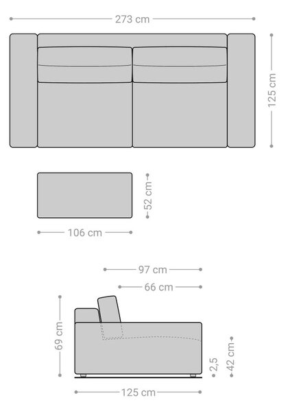 DELIFE Pohovka XL Lanzo 270x130 cm manšestr béžová s taburetem