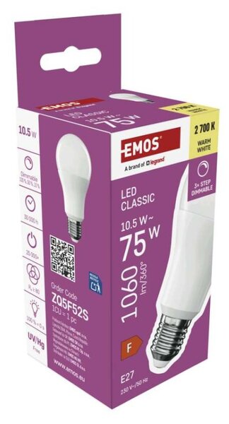 EMOS LED žárovka Classic A60 / E27 / 10,5 W (75 W) / 1 060 lm / teplá bílá /krokově stmívatelná 1525743240