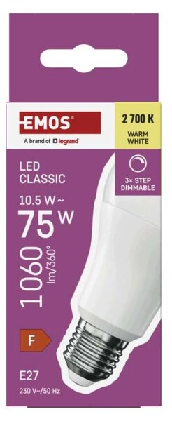 EMOS LED žárovka Classic A60 / E27 / 10,5 W (75 W) / 1 060 lm / teplá bílá /krokově stmívatelná 1525743240