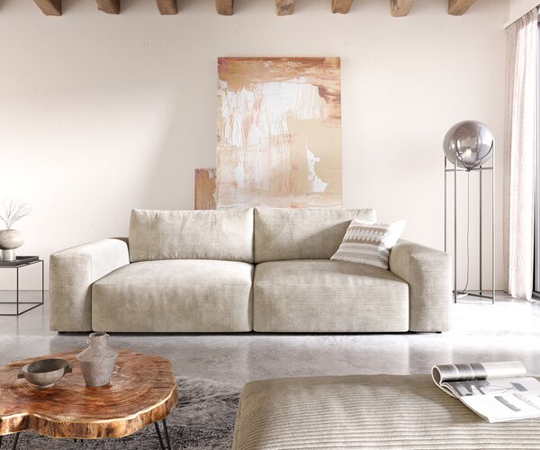 DELIFE Pohovka XL Lanzo 270x130 cm manšestr béžová s taburetem