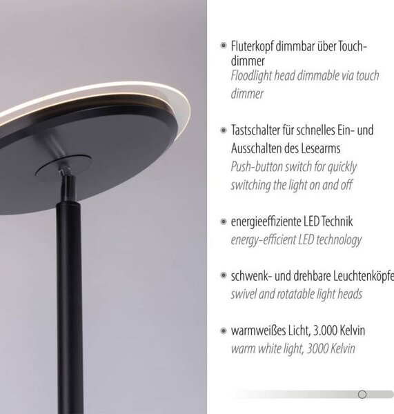 JUSTLIGHT Stojací LED lampa HANS, 22W, v. 193 cm, stmívatelná