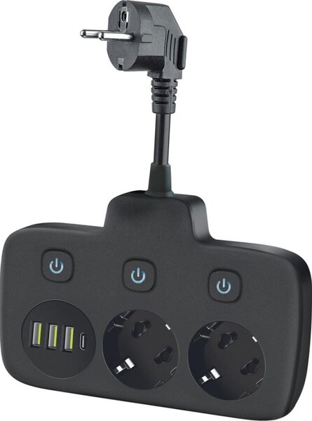 Rozbočovací zásuvka s vypínačem LINEA 2x230V + 4xUSB A/C SCHUKO černá