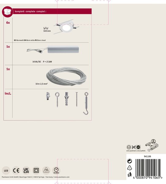 Paulmann 94106 RoundMac, lankové LED osvětlení, 6x4W LED 2700K, délka 500cm