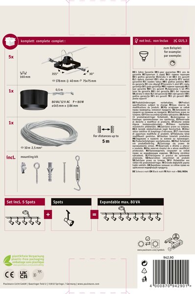 Paulmann 94290 Mac2, lankový systém, 5x max 10W LED 12V, černá, 500cm