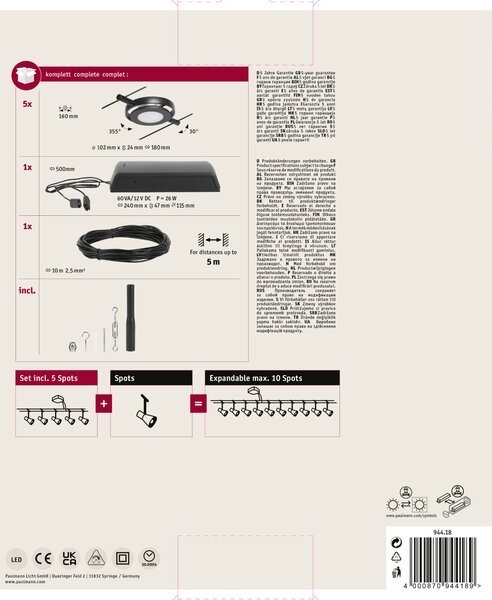 Paulmann 94418 CorDuo RoundMac, sada lankové LED osvětlení, 5x4,5W LED 3000K, černá, délka 500cm