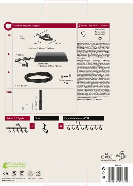 Paulmann 94434 CorDuo Set Mac II, černý lankový systém, 5x max 10W LED 12V, 500cm