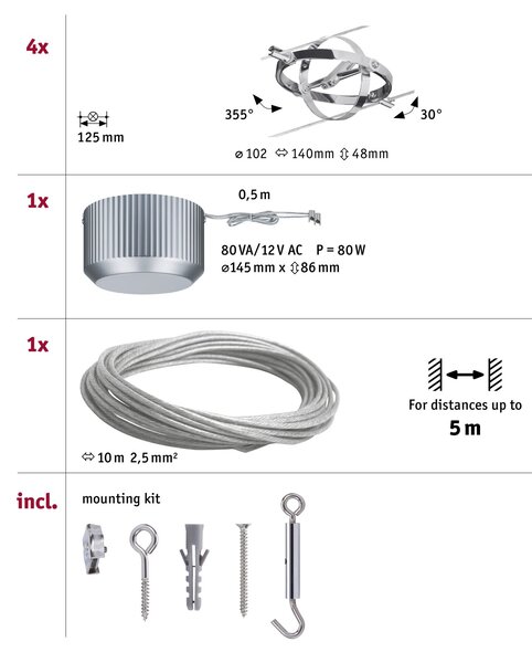 Paulmann 94144 Cardan, lankový systém, 4x max 10W LED 12V, chrom, 500cm