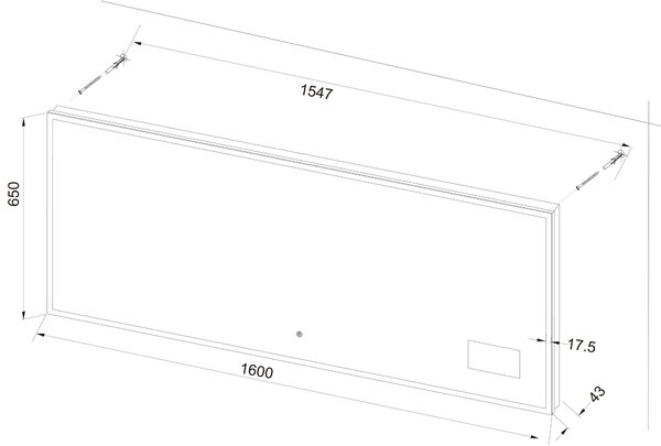 Zrcadlo s LED osvětlením, hodinami a počasím 1600x650x43 mm, ukazatel venkovní a vnitřní teploty, barometr