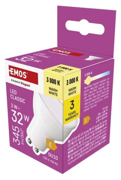 EMOS ZQ8E12 - LED žárovka Classic GU10, 3W, 100°, teplá bílá (GU10 LED žárovka 3000K)