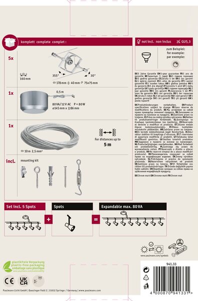 Paulmann 94133 Mac2, lankový systém, 5x max 10W LED 12V, matný chrom, 500cm