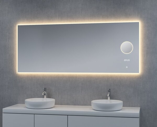 LED zrcadlo TIME 160x65 cm, hodiny, kosmetické zrcátko, nastavitelné osvětlení