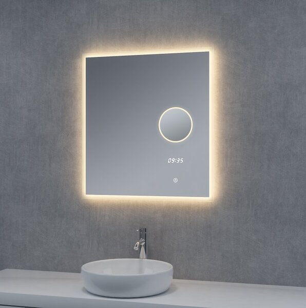 LED zrcadlo TIME 60x65 cm, hodiny, kosmetické zrcátko, nastavitelné osvětlení