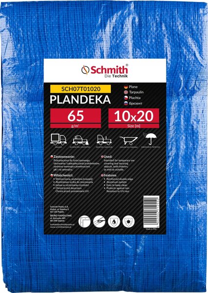 Plachta z tkaniny, rozmry 10x20 metr, hmotnost 65 g, vodotsná, odolná proti roztrení, stavební plachta, ochranná plachta, zahradní plachta s oky. Schmith