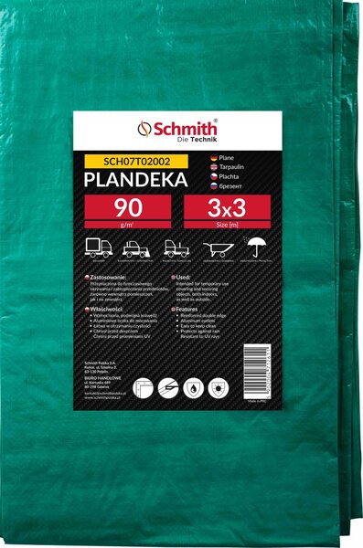 Plachta z tkaniny, 3x3 metry, 90 g/m², vodotsná, odolná proti roztrení, stavební plachta, ochranná plachta, zahradní plachta s oky. Schmith