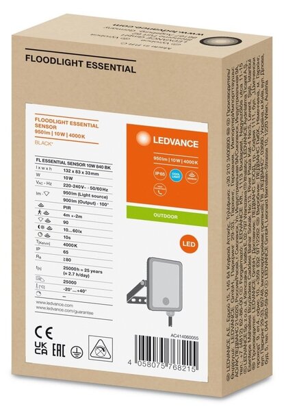Černý venkovní LED reflektor ESSENTIAL 10 W se senzorem, studená bílá