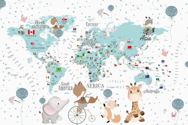 Fototapety Dětská mapa světa se zvířaty, Fototapety mapy světa, Fototapety dětské světové mapy, u99228 : uwalls.cz