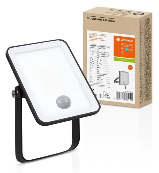 Černý venkovní LED reflektor ESSENTIAL 10 W se senzorem, studená bílá