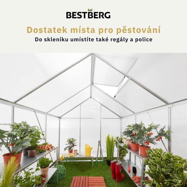 Skleník se základnou BestBerg SH-9 / 9 m² / 480 x 182 x 208 cm / stříbrná