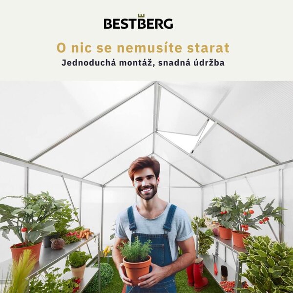 Skleník se základnou BestBerg SH-9 / 9 m² / 480 x 182 x 208 cm / stříbrná