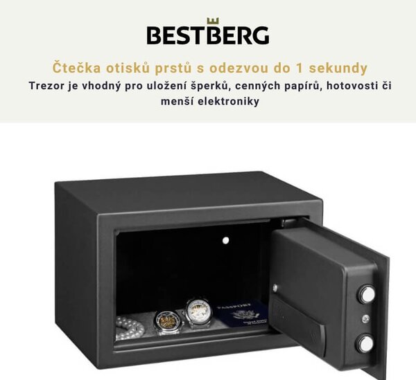 Digitální trezor na otisk prstu BestBerg BBSB-1F / 20 x 31 x 20 cm / černá