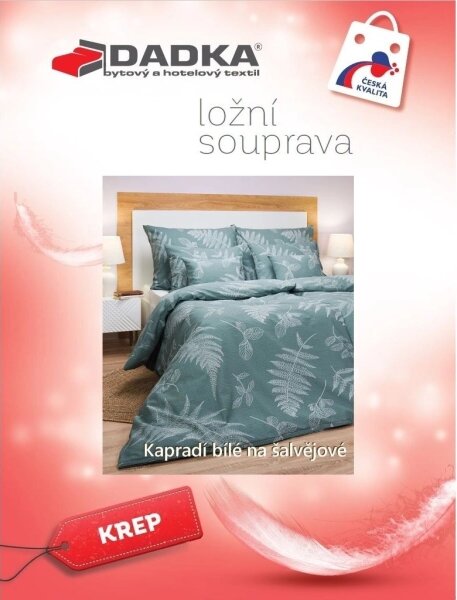 DADKA Krepové povlečení Kapradí bílé na šalvějovém podkladu 140x200, 70x90 cm