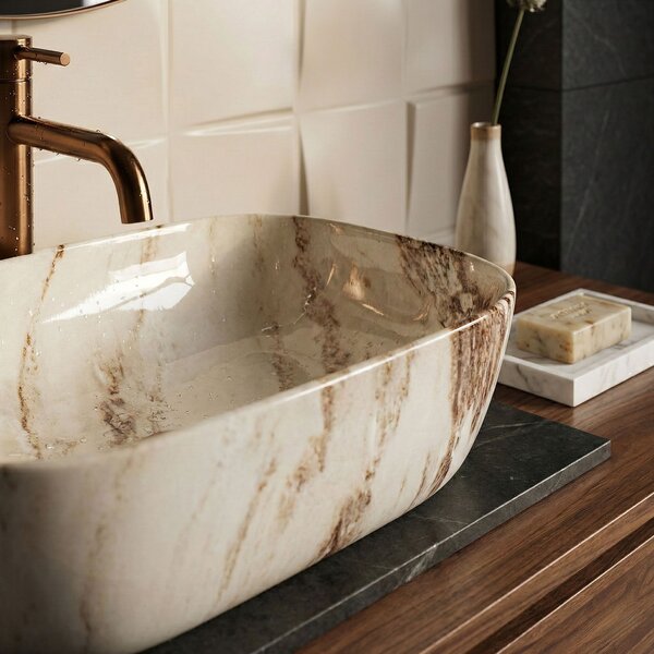 Rea Belinda Marrone Shiny, umyvadlo na desku 465×330×135 mm, imitace kamene Marrone, REA-U3601