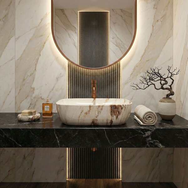 Rea Belinda Marrone Shiny, umyvadlo na desku 465×330×135 mm, imitace kamene Marrone, REA-U3601