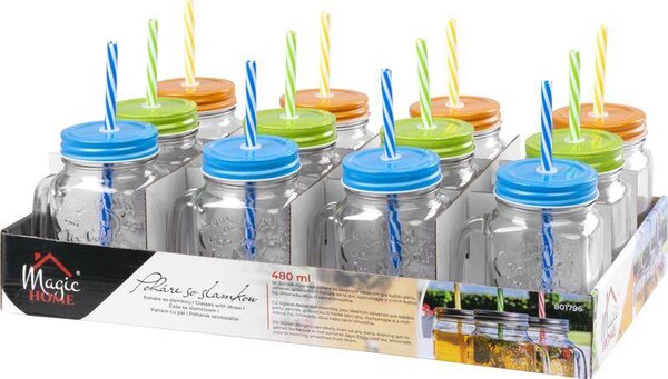12 ks Pohár MagicHome, so slamkou, s farebným viečkom, sklo, 480 ml, Sellbox 12 ks