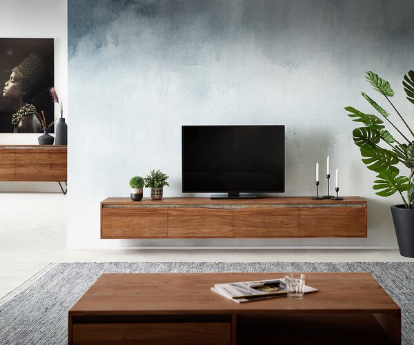 DELIFE TV stolek Stonegrace 220 cm akácie hnědá přírodní hrana 4 dvířka závěsný
