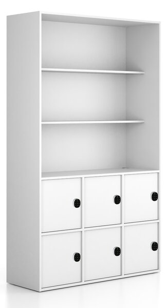 Kancelářská skříň FRAME, 6x dveře, 2x police, 1299 x 450 x 2162 mm, kódový zámek, bílá