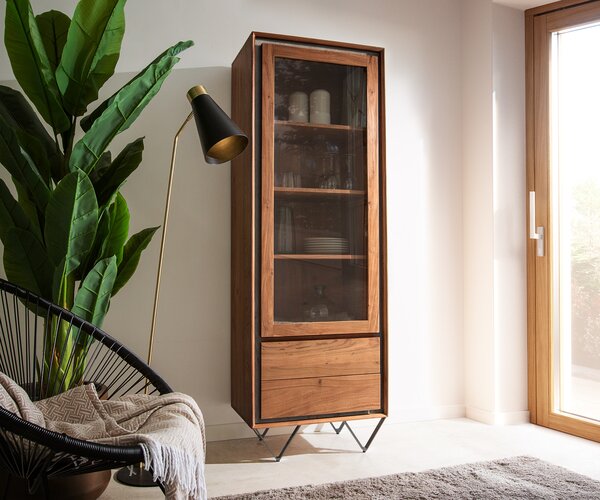 DELIFE Vitrína Stonegrace 55x180 cm akácie hnědá kamenná dýha 1 dvířka 2 zásuvky podnož ve tvaru V černá