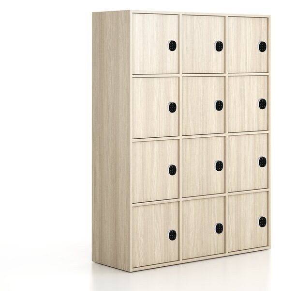 Kancelářská skříň FRAME, 12x dveře, 1299 x 450 x 1735 mm, kódový zámek, dub přírodní