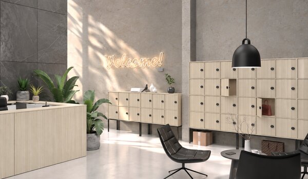 Kancelářská skříň FRAME, 6x dveře, prostor pro TV, 1299 x 450 x 2162 mm, kódový zámek, dub přírodní