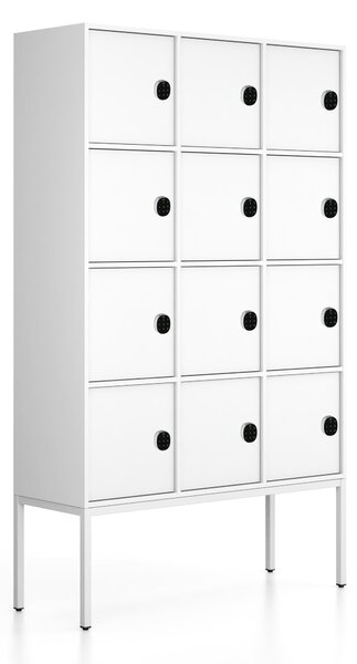Kancelářská skříň FRAME, bílá podnož, 12x dveře, 1299 x 450 x 2185 mm, kódový zámek, bílá