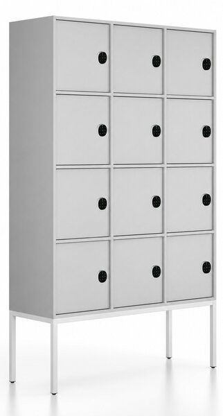 Kancelářská skříň FRAME, bílá podnož, 12x dveře, 1299 x 450 x 2185 mm, kódový zámek, šedá