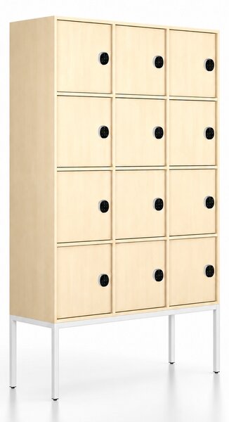 Kancelářská skříň FRAME, bílá podnož, 12x dveře, 1299 x 450 x 2185 mm, kódový zámek, bříza