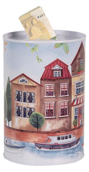 Červená plechová kasička s motivem domečků a loděk na pobřeží – 10x15 cm