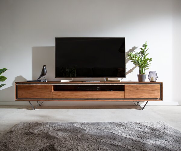 DELIFE TV stolek Stonegrace 240 cm akácie hnědá 2 dvířka 2 zásuvky 1 přihrádka kamenná dýha podnož ve tvaru V černá