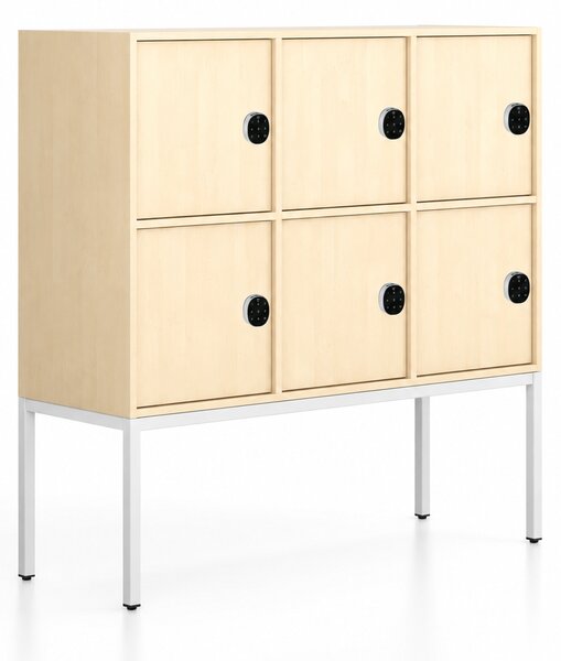 Kancelářská skříň FRAME, nízká, bílá podnož, 6x dveře, 1299 x 450 x 1331 mm, kódový zámek, bříza