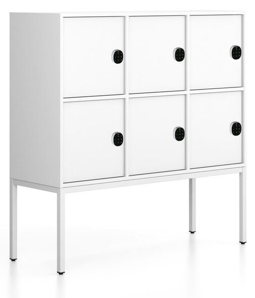 Kancelářská skříň FRAME, nízká, bílá podnož, 6x dveře, 1299 x 450 x 1331 mm, kódový zámek, bílá